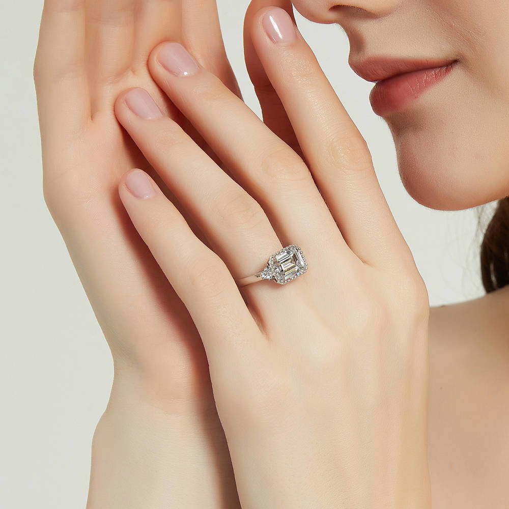 Model wearing Solitaire Emerald Cut CZ Ring in Sterling Silver 3.8ct, 3 of 8