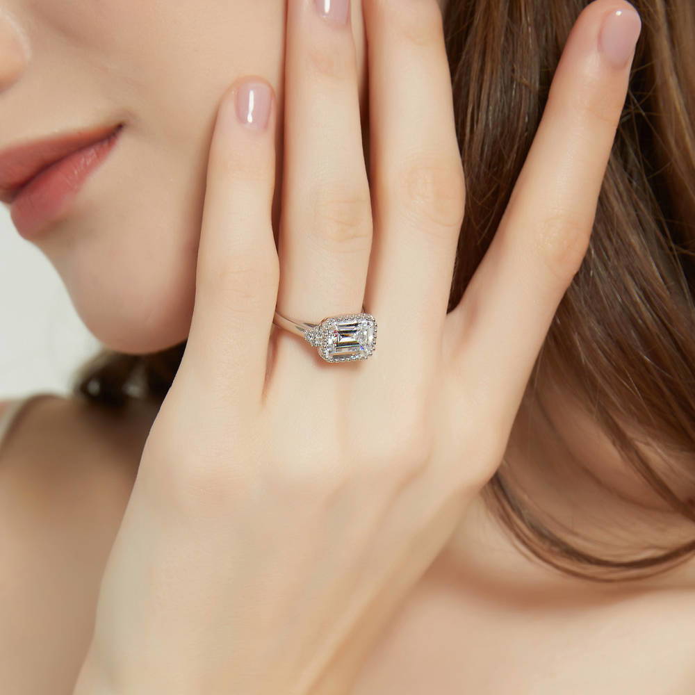 Model wearing Solitaire Emerald Cut CZ Ring in Sterling Silver 3.8ct, 2 of 8