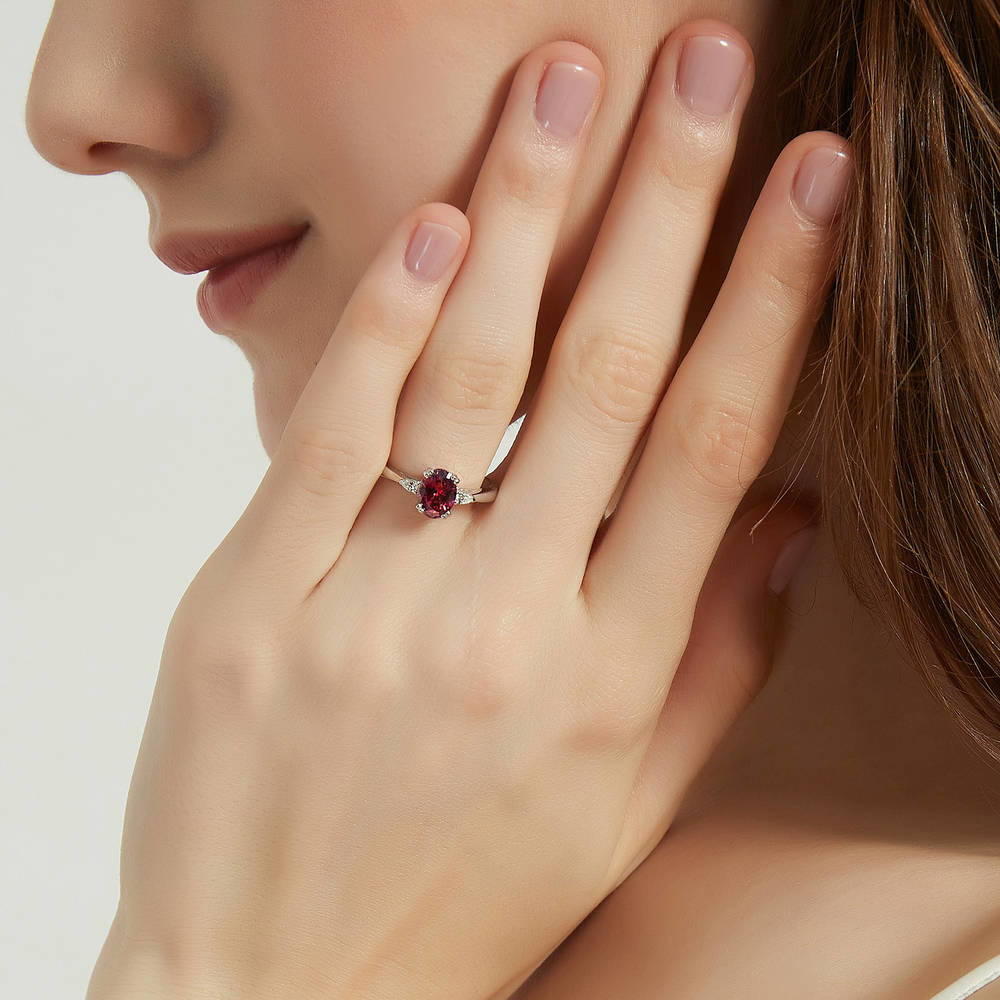 3-Stone 1.2ct Red Oval CZ Ring in Sterling Silver