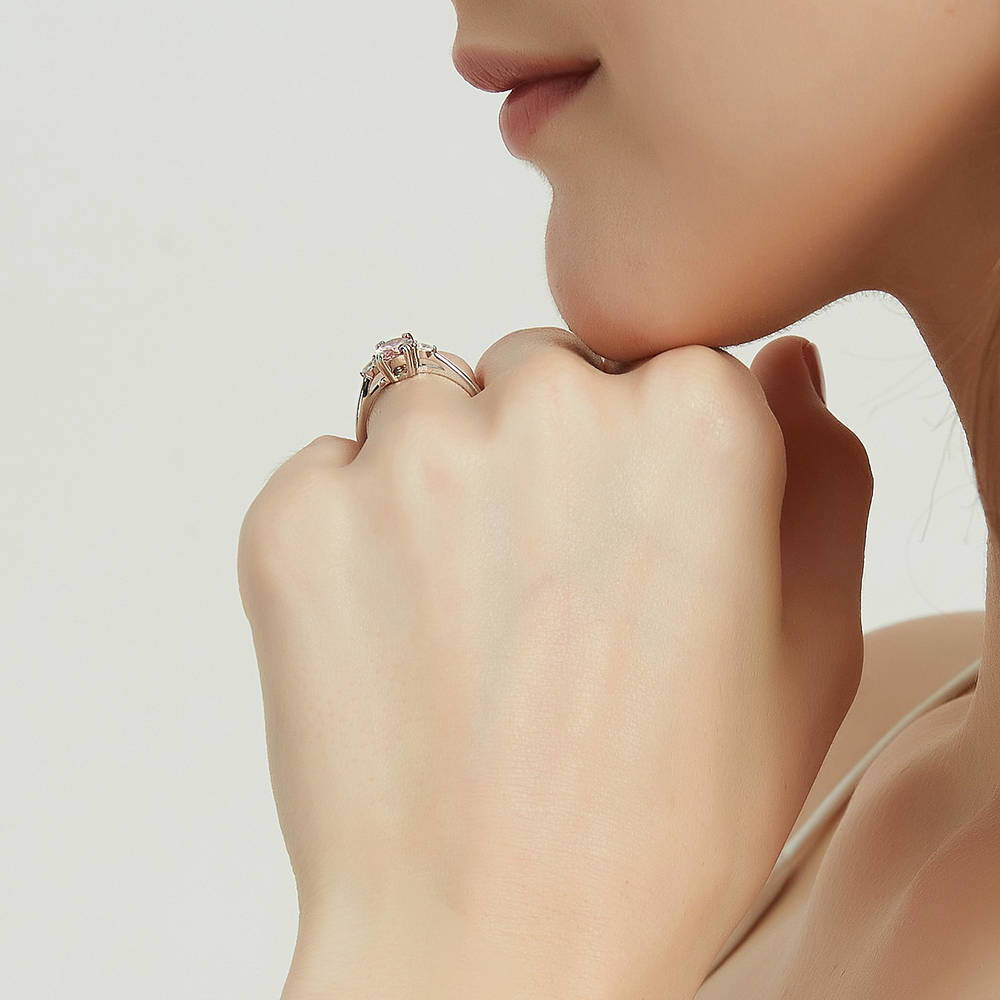 3-Stone Morganite Color Oval CZ Ring in Sterling Silver