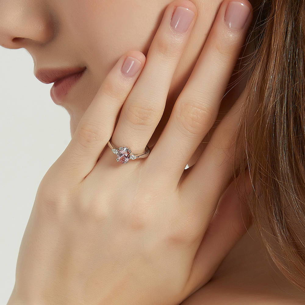 3-Stone Morganite Color Oval CZ Ring in Sterling Silver