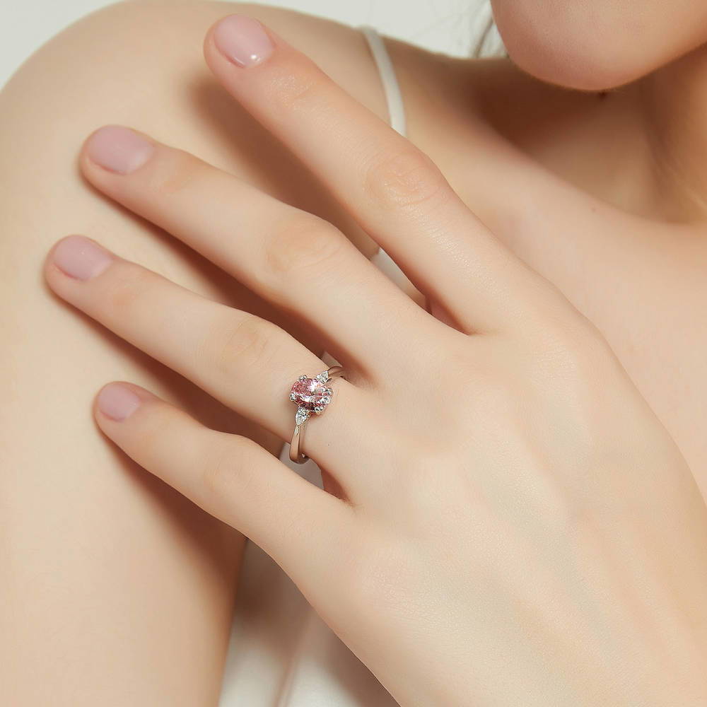 3-Stone Morganite Color Oval CZ Ring in Sterling Silver