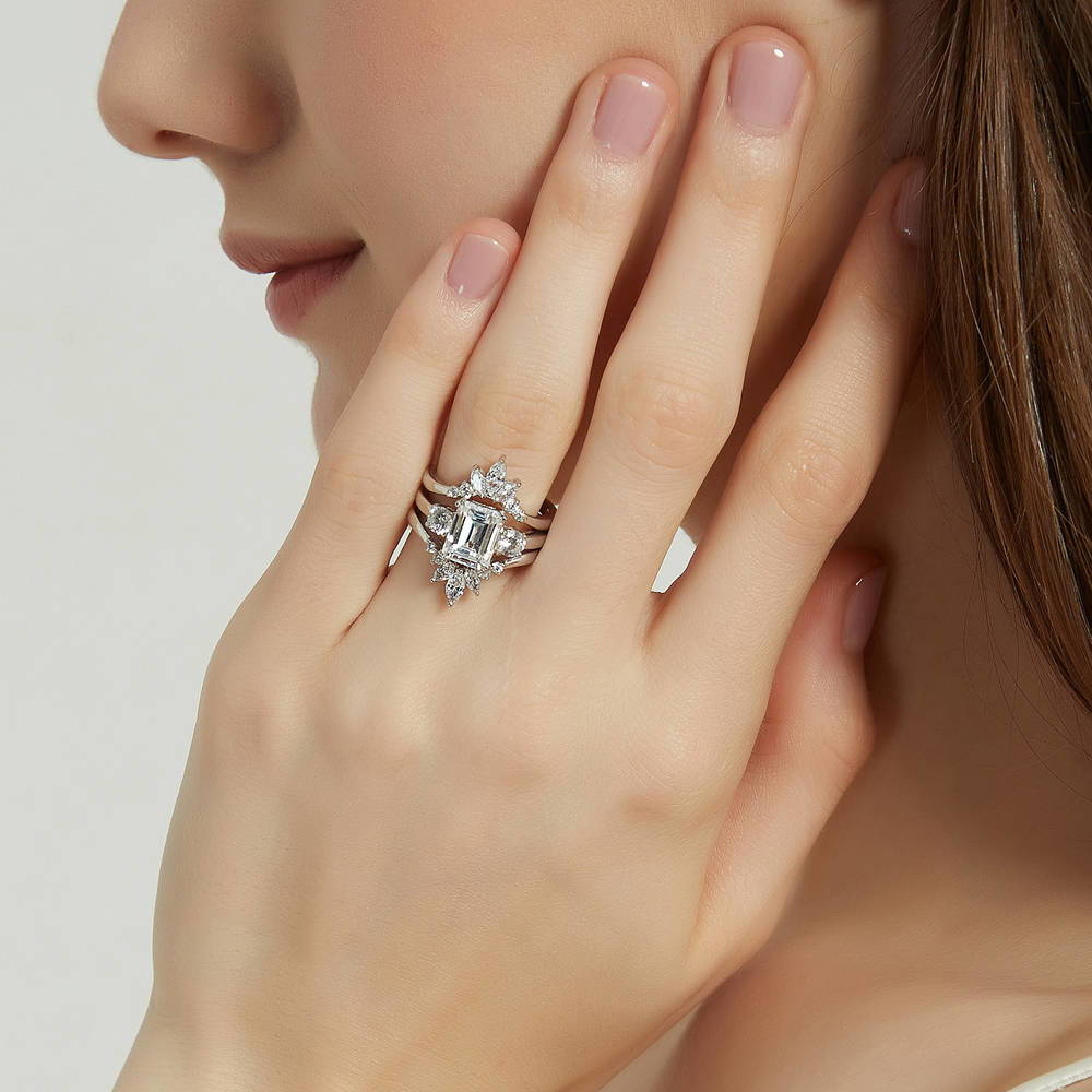 3-Stone Flower 7-Stone Wishbone CZ Ring Set in Sterling Silver