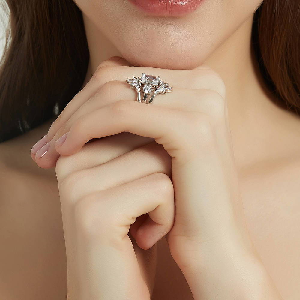 3-Stone Flower 7-Stone Wishbone CZ Ring Set in Sterling Silver