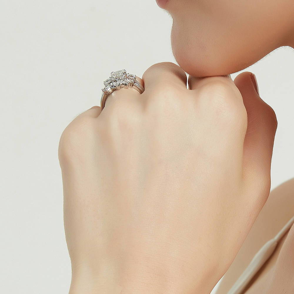 3-Stone 5-Stone Wishbone Cushion CZ Ring Set in Sterling Silver