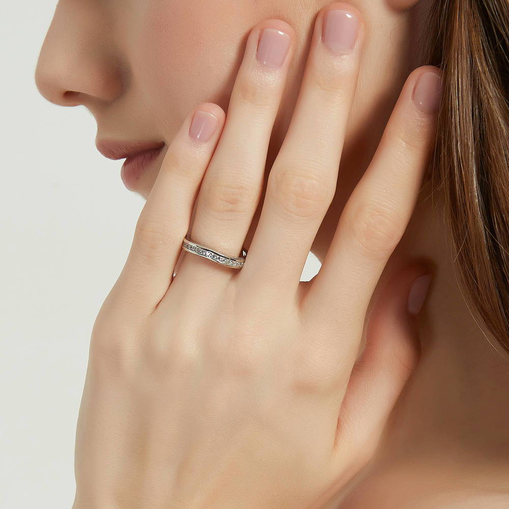 Model wearing 3-Stone Round CZ Ring Set in Sterling Silver, 14 of 17