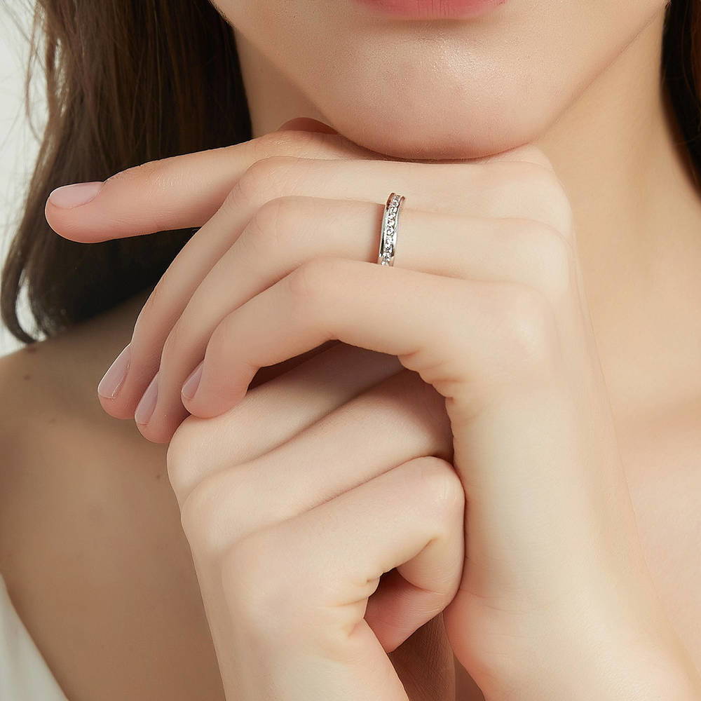 Model wearing 3-Stone Cushion CZ Ring Set in Sterling Silver, 16 of 17