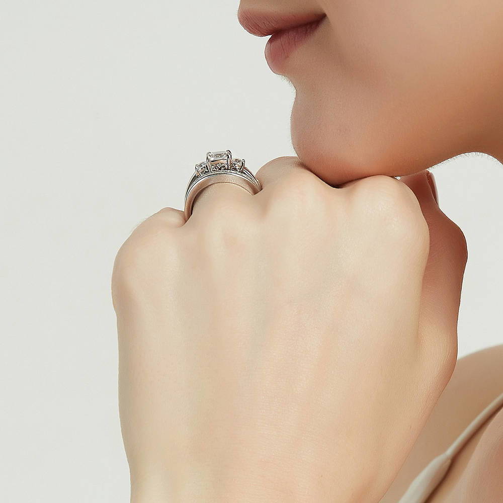 Model wearing 3-Stone Cushion CZ Ring Set in Sterling Silver, 7 of 17