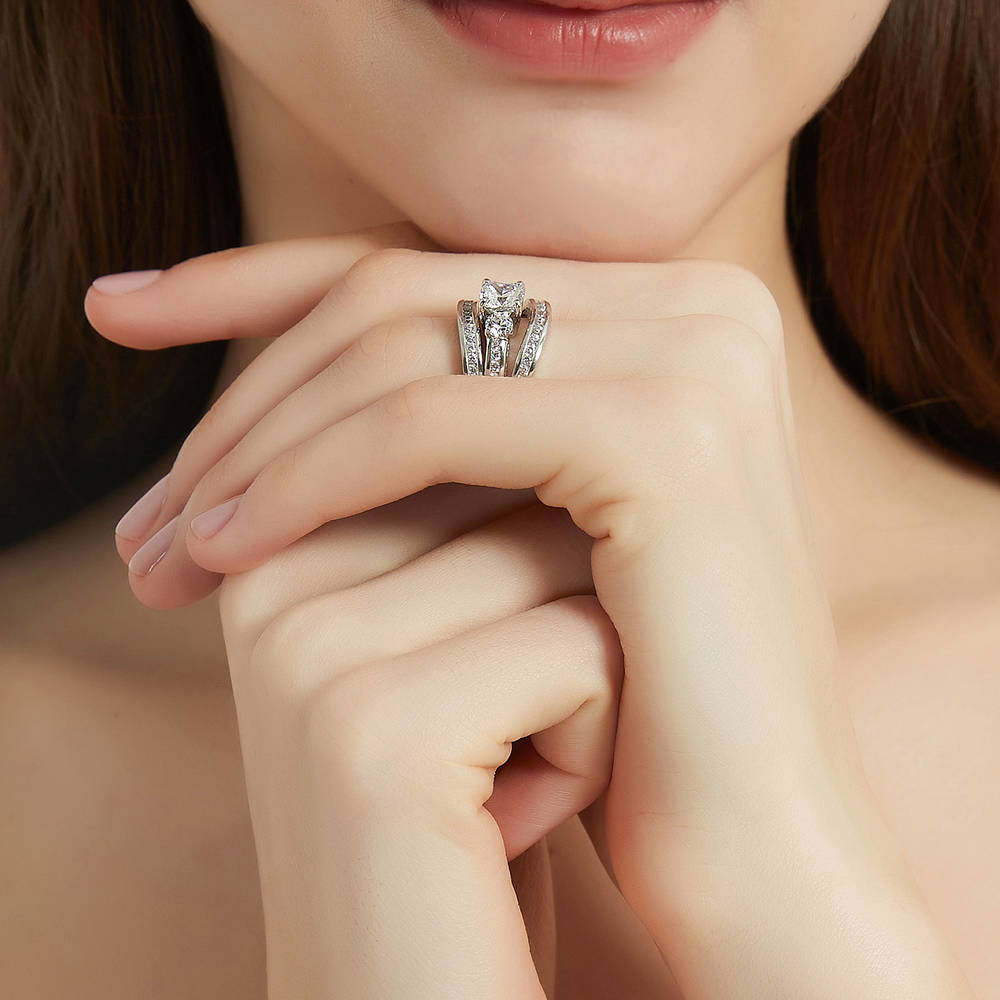 Model wearing 3-Stone Cushion CZ Ring Set in Sterling Silver, 6 of 17