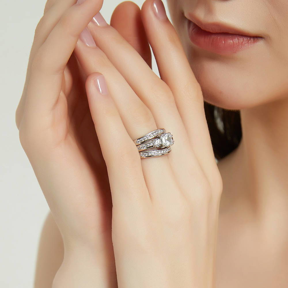 Model wearing 3-Stone Cushion CZ Ring Set in Sterling Silver, 3 of 17