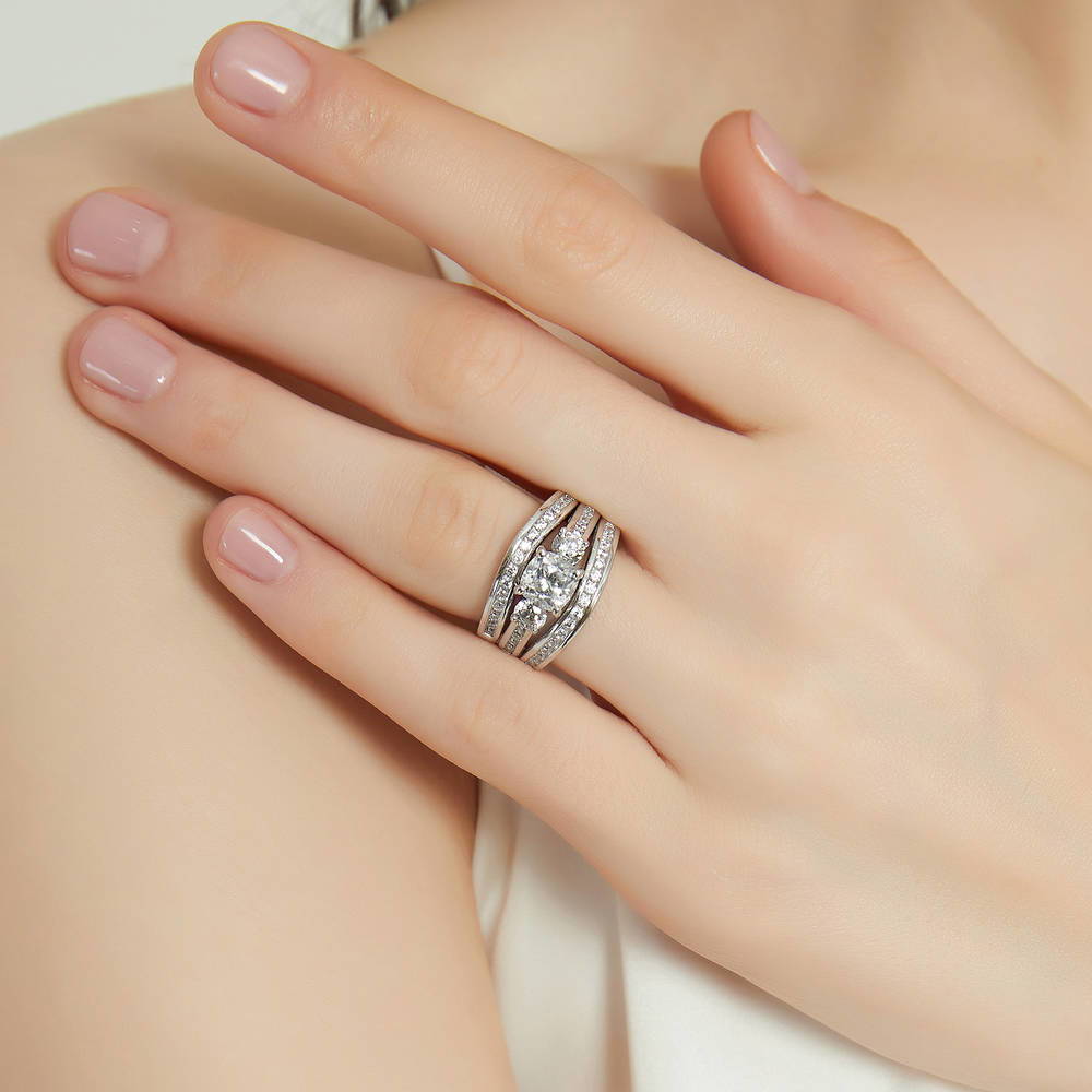Model wearing 3-Stone Cushion CZ Ring Set in Sterling Silver, 2 of 17