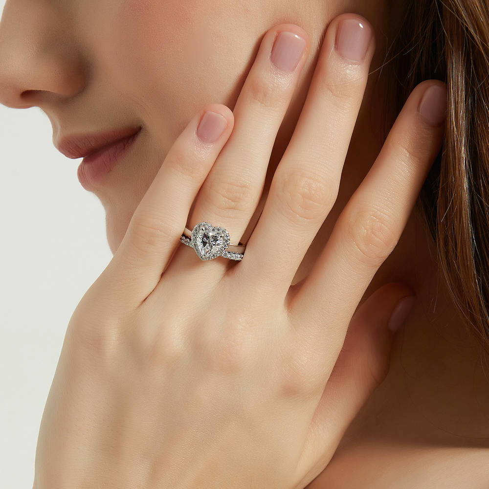 Halo Heart CZ Ring Set in Sterling Silver