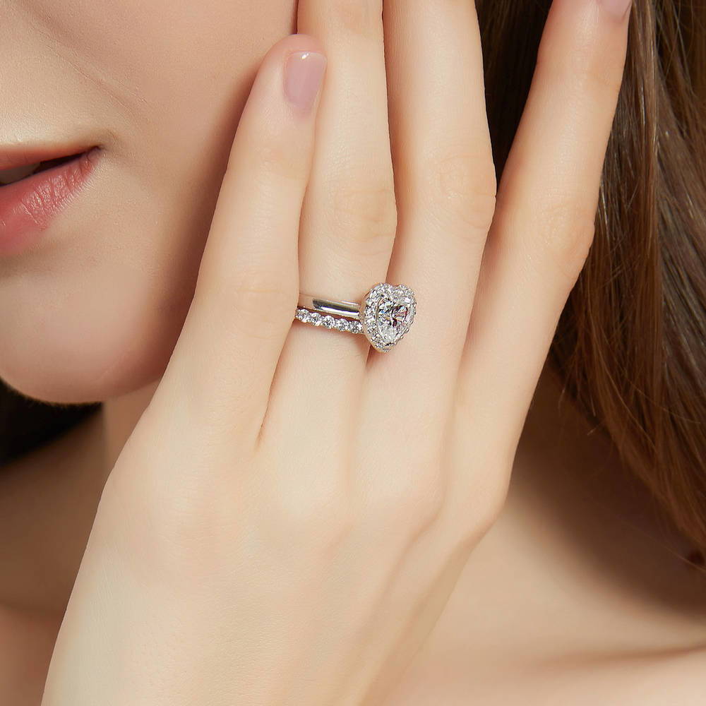 Halo Heart CZ Ring Set in Sterling Silver