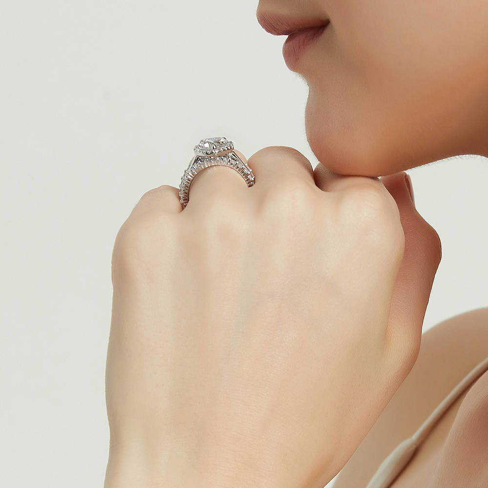 Halo Heart CZ Ring Set in Sterling Silver