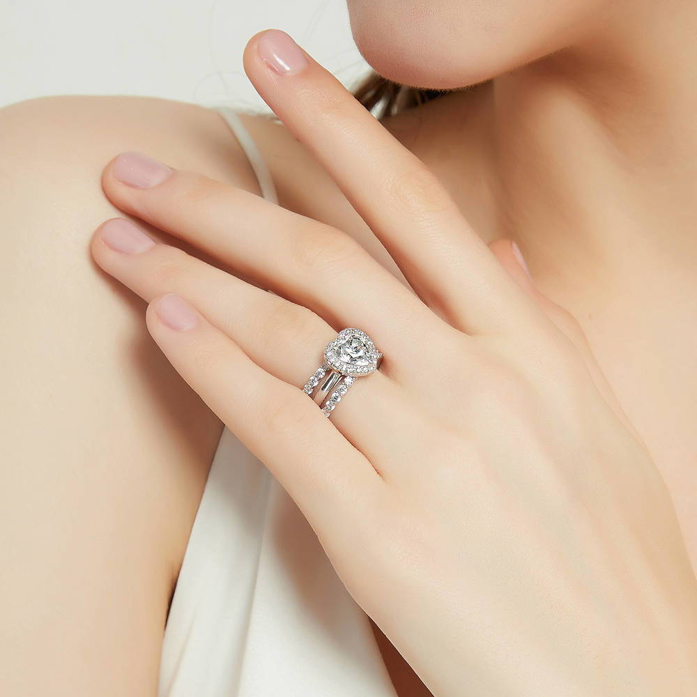 Halo Heart CZ Ring Set in Sterling Silver