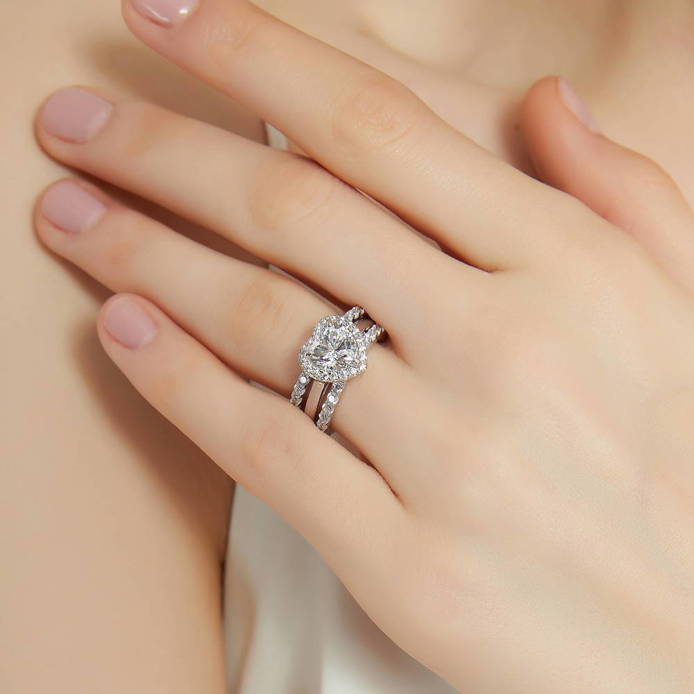 Halo Heart CZ Ring Set in Sterling Silver