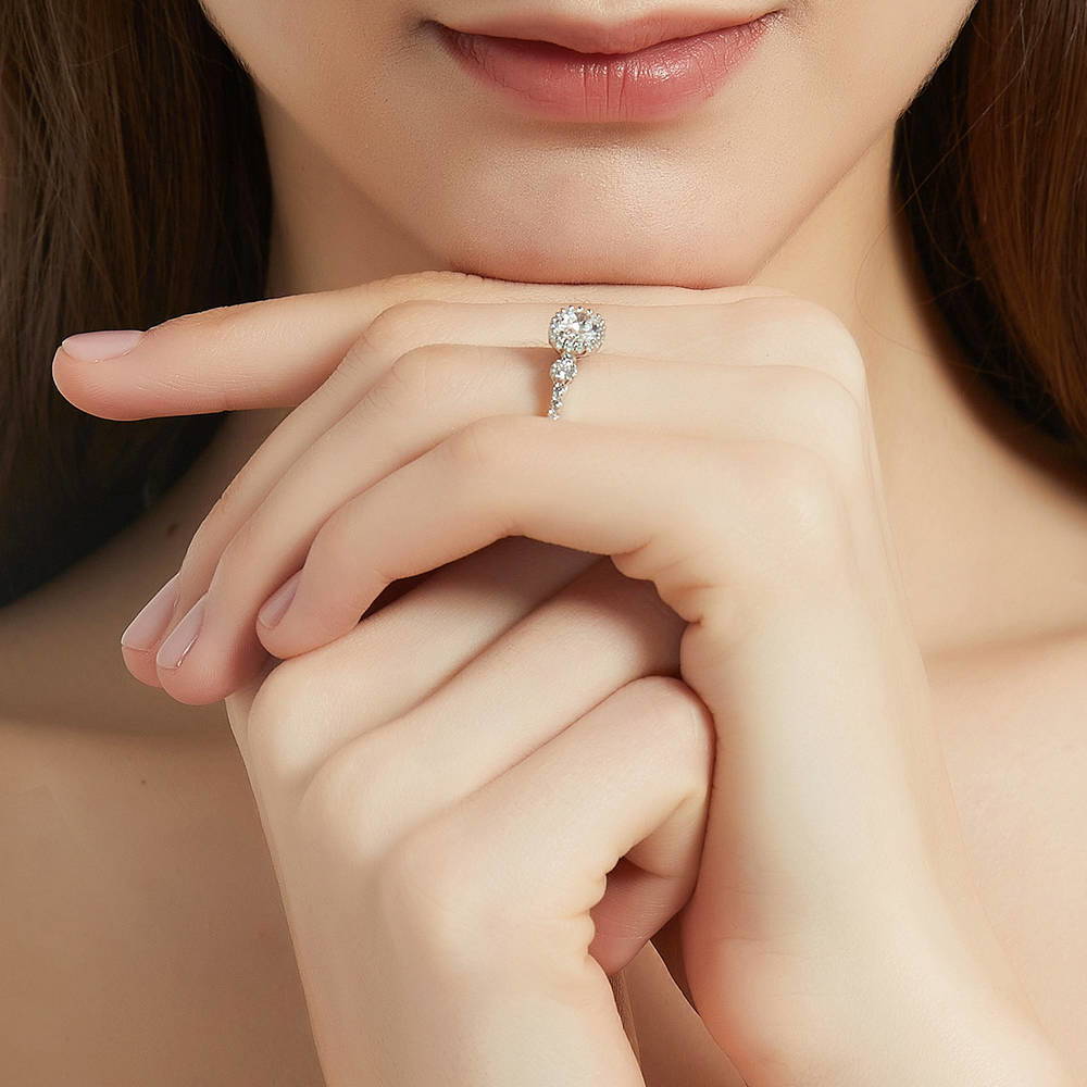 Model wearing 3-Stone Oval CZ Ring Set in Sterling Silver, 11 of 16