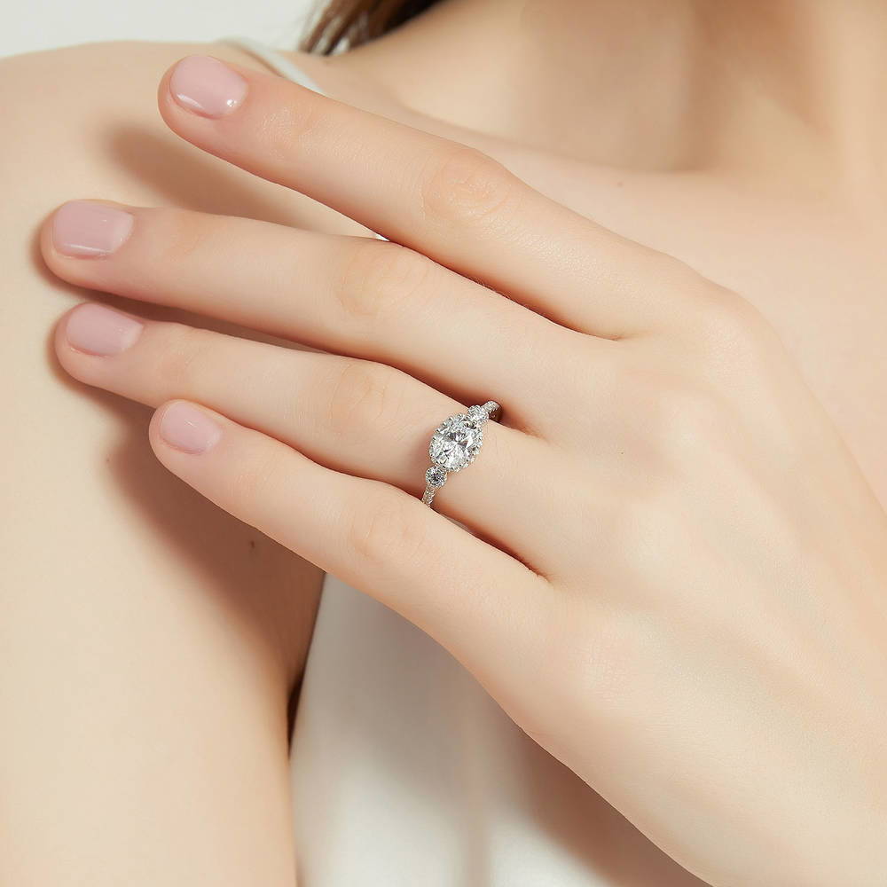 Model wearing 3-Stone Oval CZ Ring Set in Sterling Silver, 10 of 16