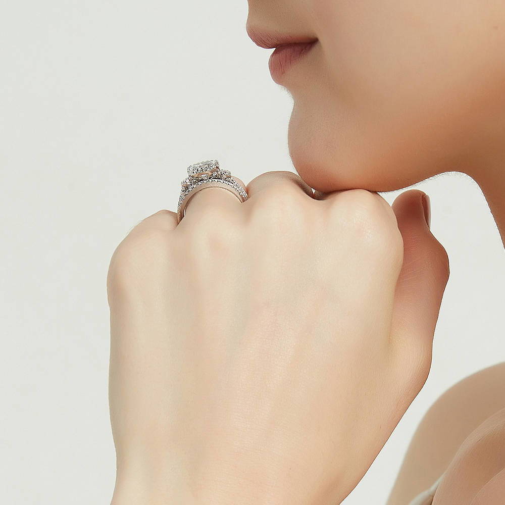 Model wearing 3-Stone Oval CZ Ring Set in Sterling Silver, 7 of 16