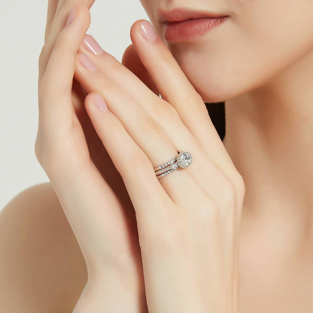 Model wearing 3-Stone Oval CZ Ring Set in Sterling Silver, 6 of 16