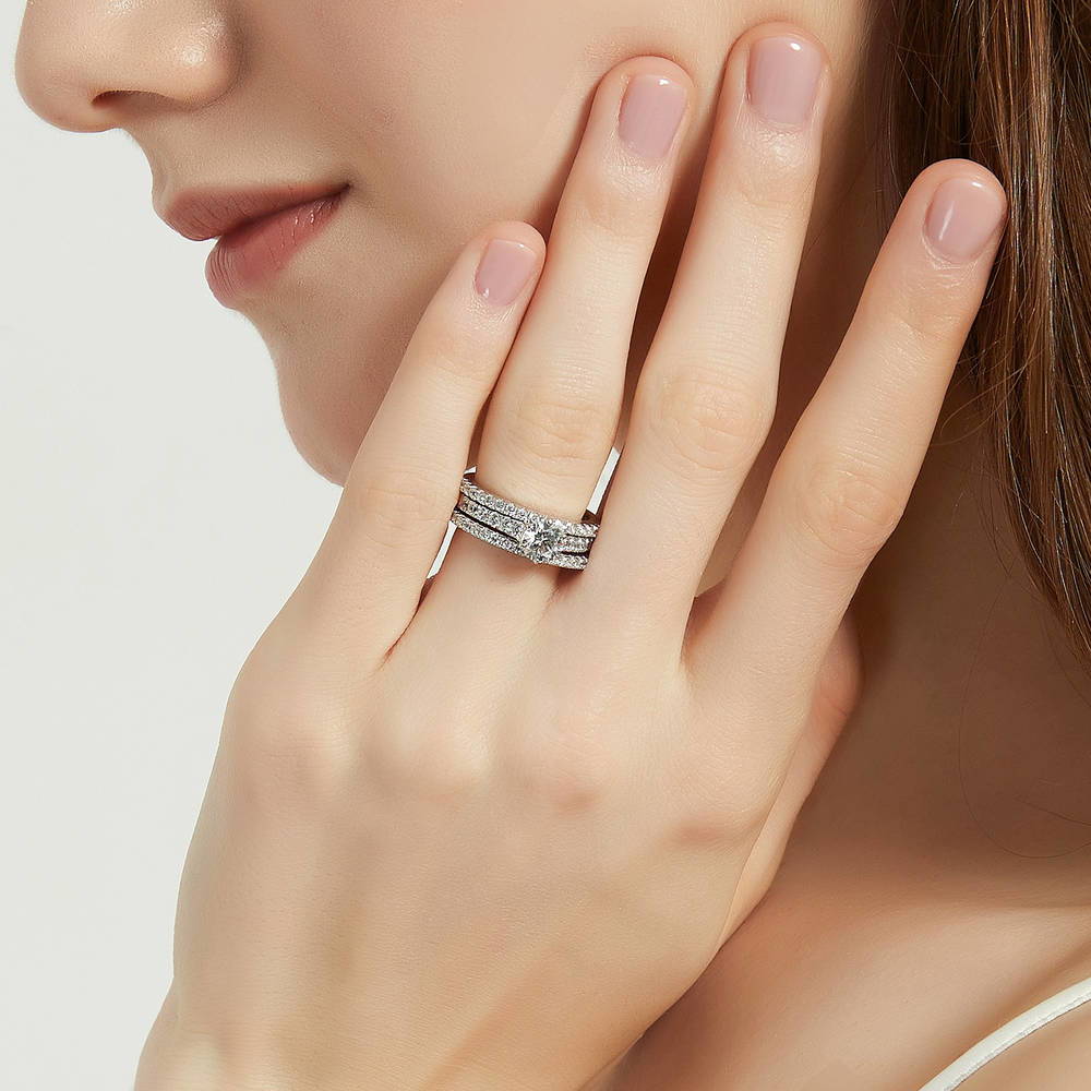 Model wearing Solitaire 0.8ct Round CZ Ring Set in Sterling Silver, 2 of 13