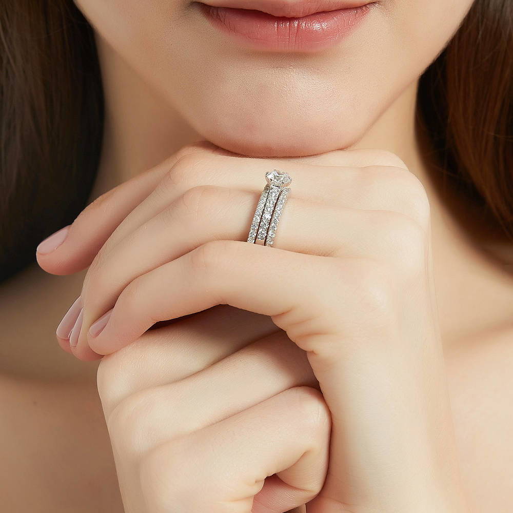 Model wearing Solitaire 0.8ct Round CZ Ring Set in Sterling Silver, 6 of 13
