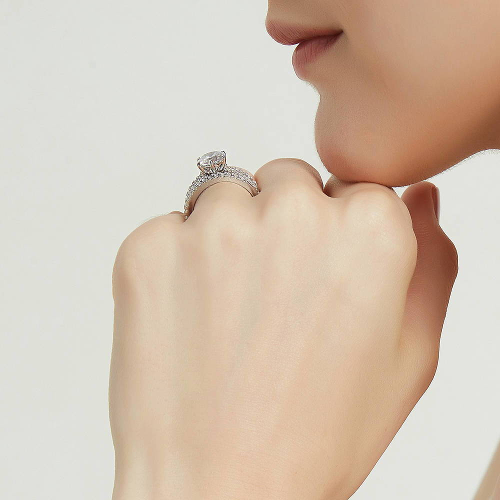 Model wearing Solitaire 2ct Round CZ Ring Set in Sterling Silver, 8 of 13