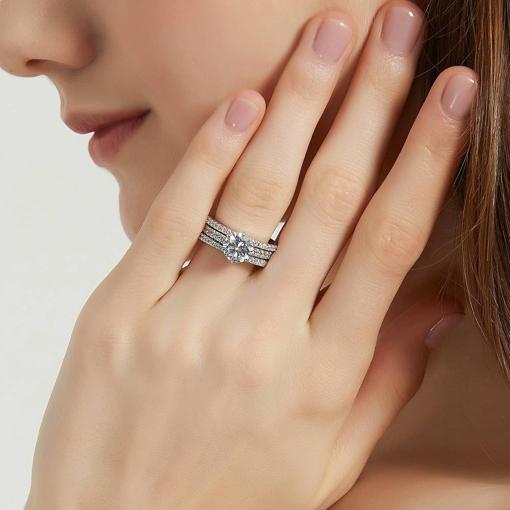 Model wearing Solitaire 2ct Round CZ Ring Set in Sterling Silver, 5 of 13