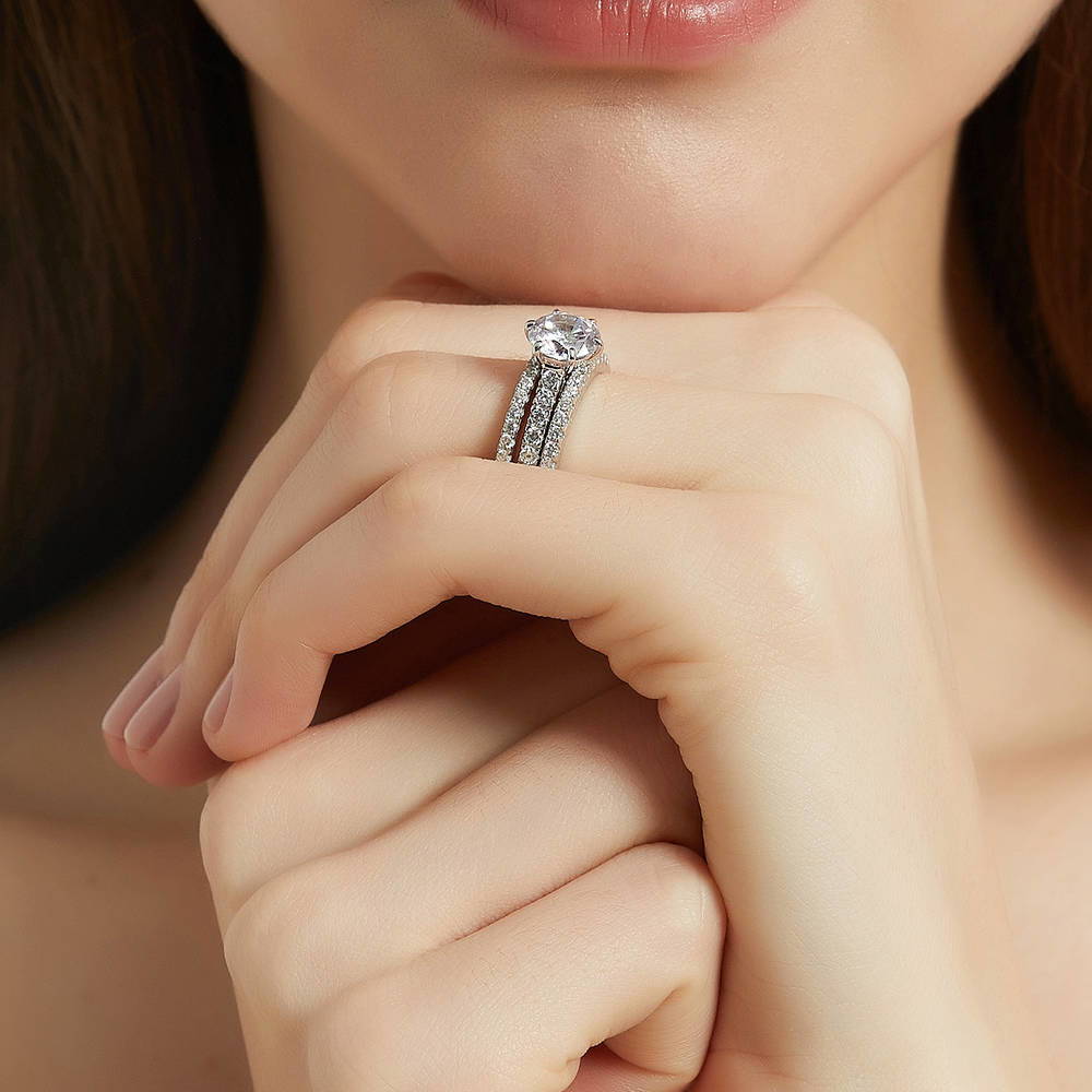 Model wearing Solitaire 2ct Round CZ Ring Set in Sterling Silver, 7 of 13