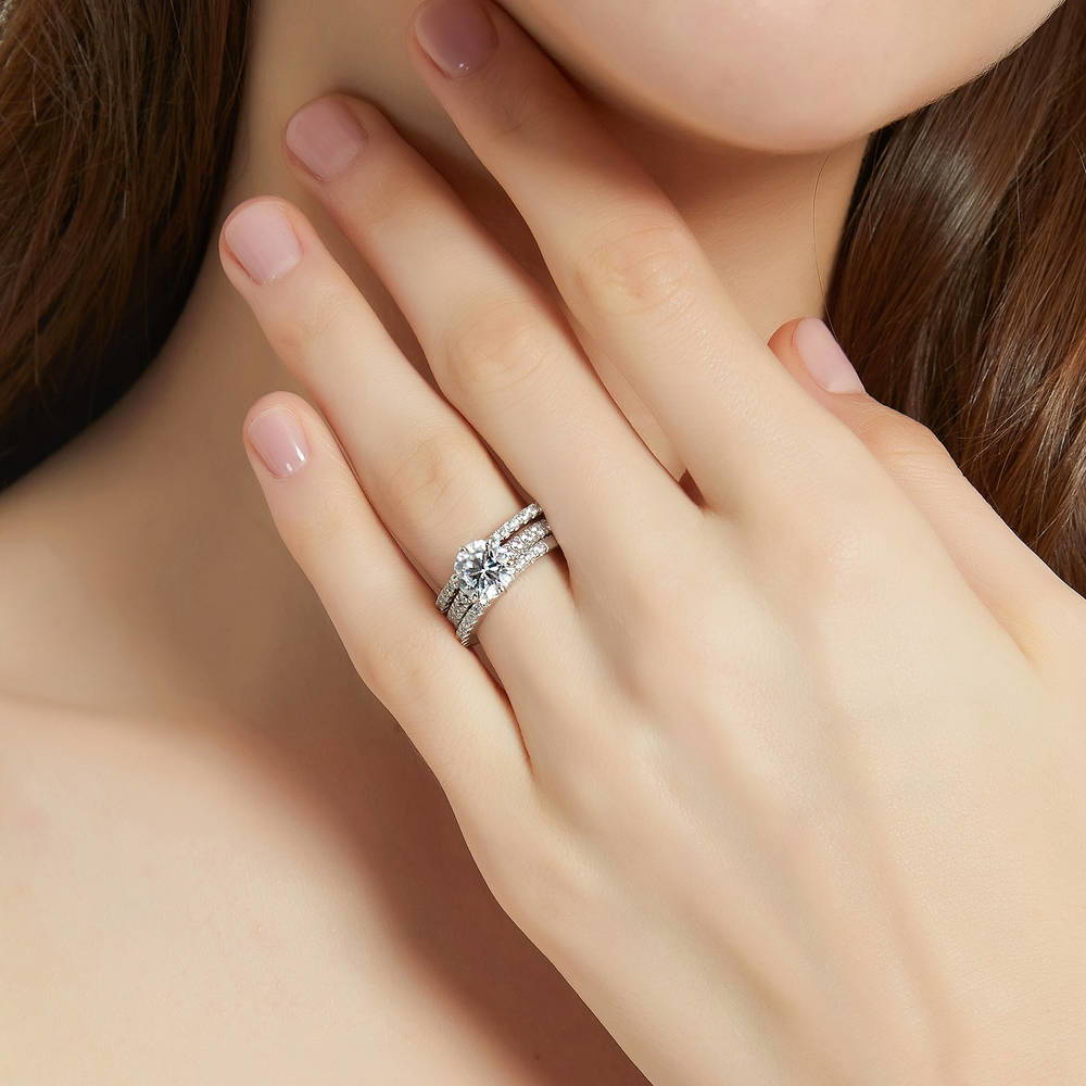 Model wearing Solitaire 2ct Round CZ Ring Set in Sterling Silver, 2 of 13