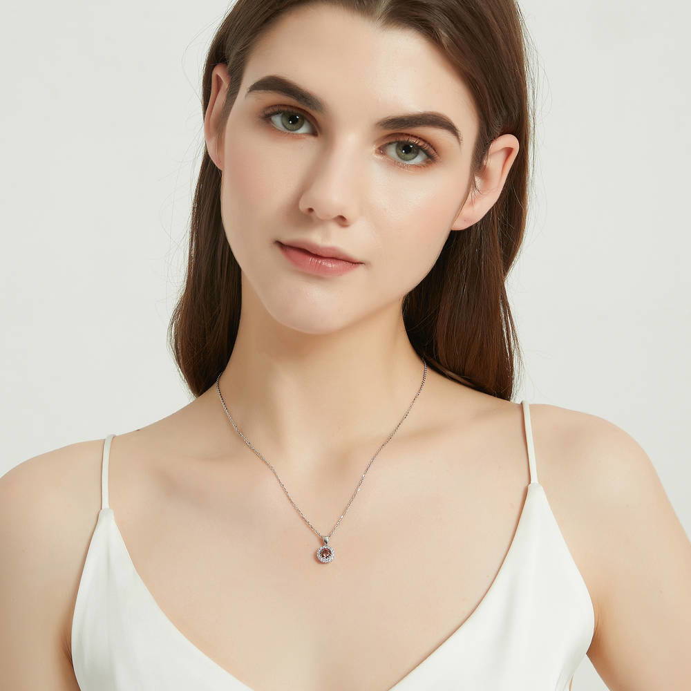 Model wearing Halo Caramel Round CZ Necklace and Earrings Set in Sterling Silver, 10 of 12