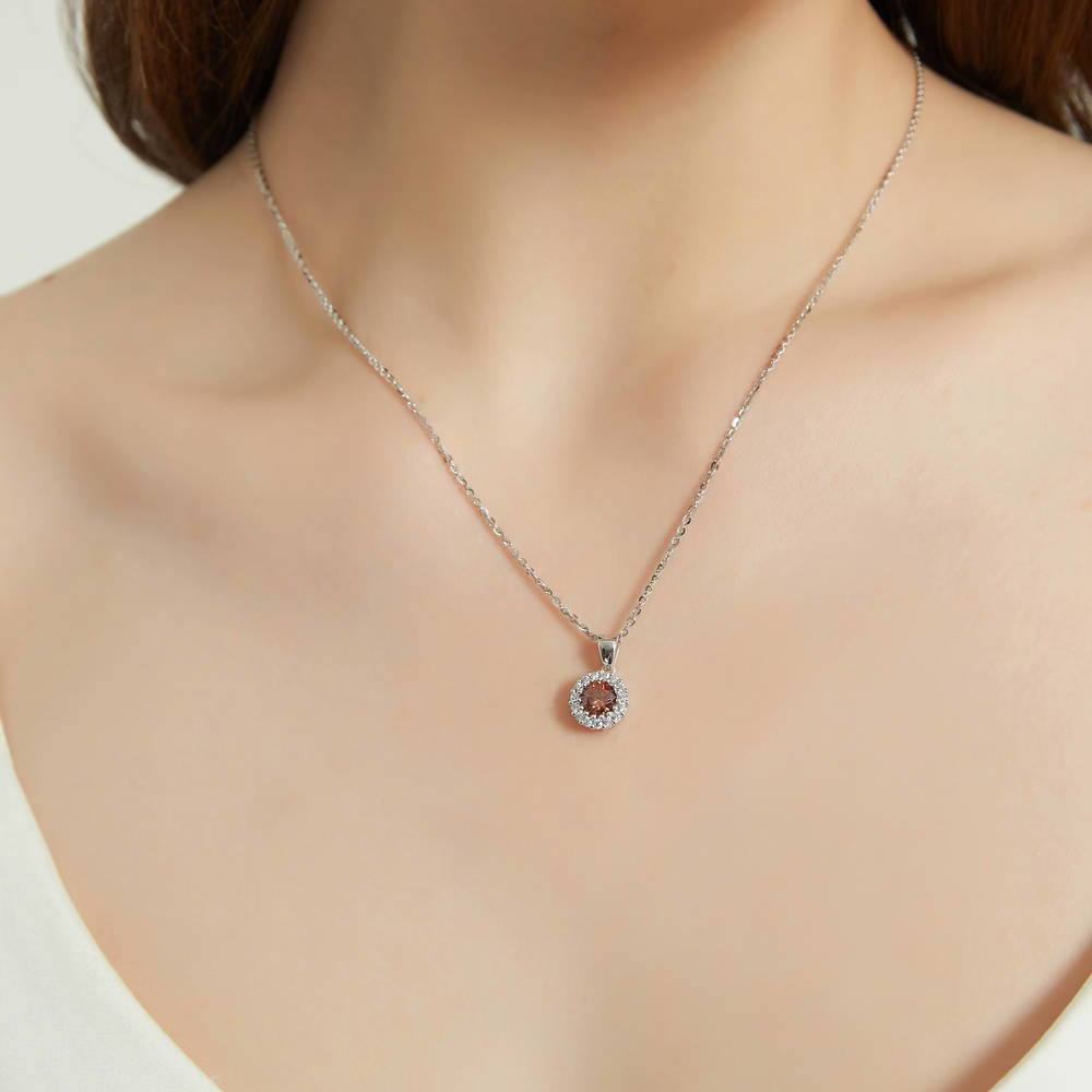Model wearing Halo Caramel Round CZ Necklace and Earrings Set in Sterling Silver, 9 of 12