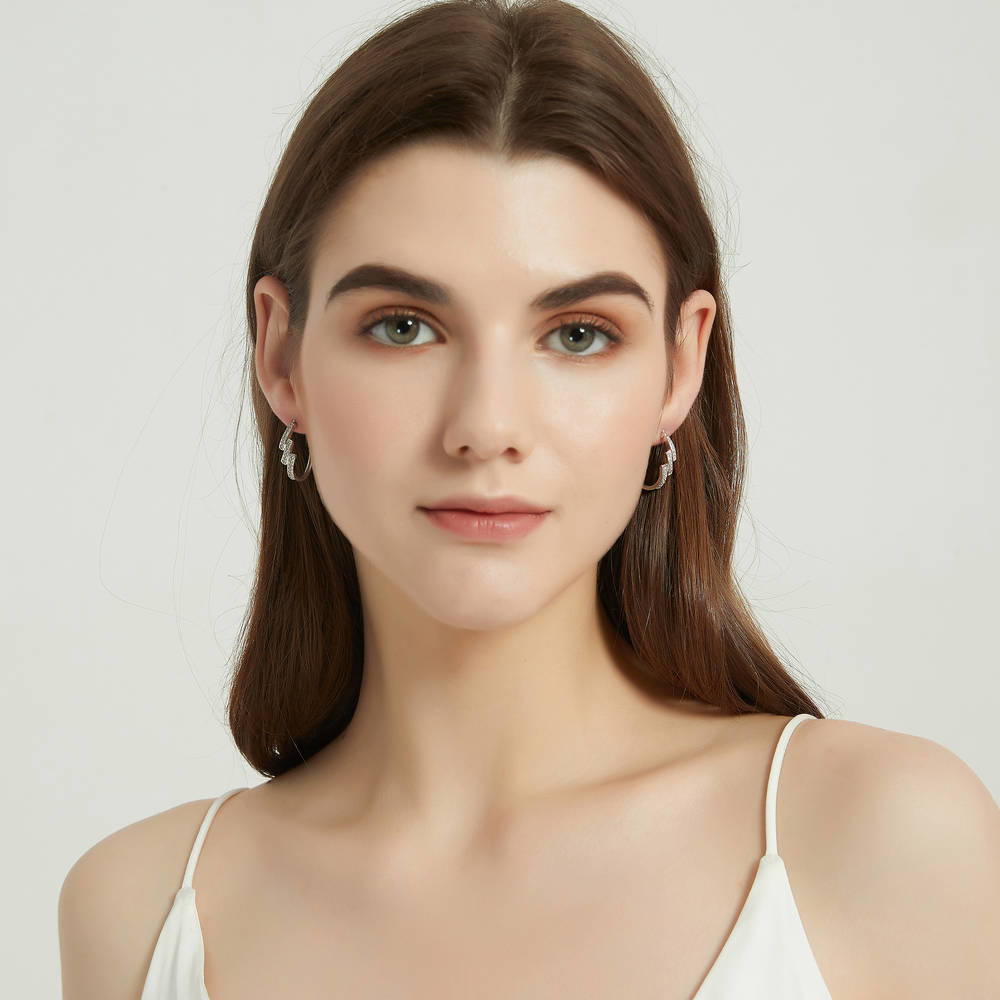 Oval Bypass CZ Medium Hoop Earrings in Sterling Silver 0.96"