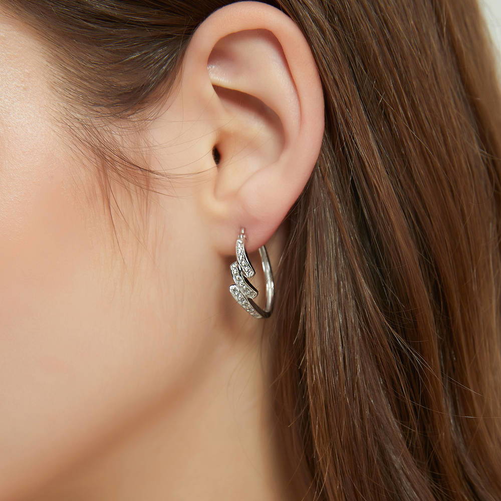 Oval Bypass CZ Medium Hoop Earrings in Sterling Silver 0.96"