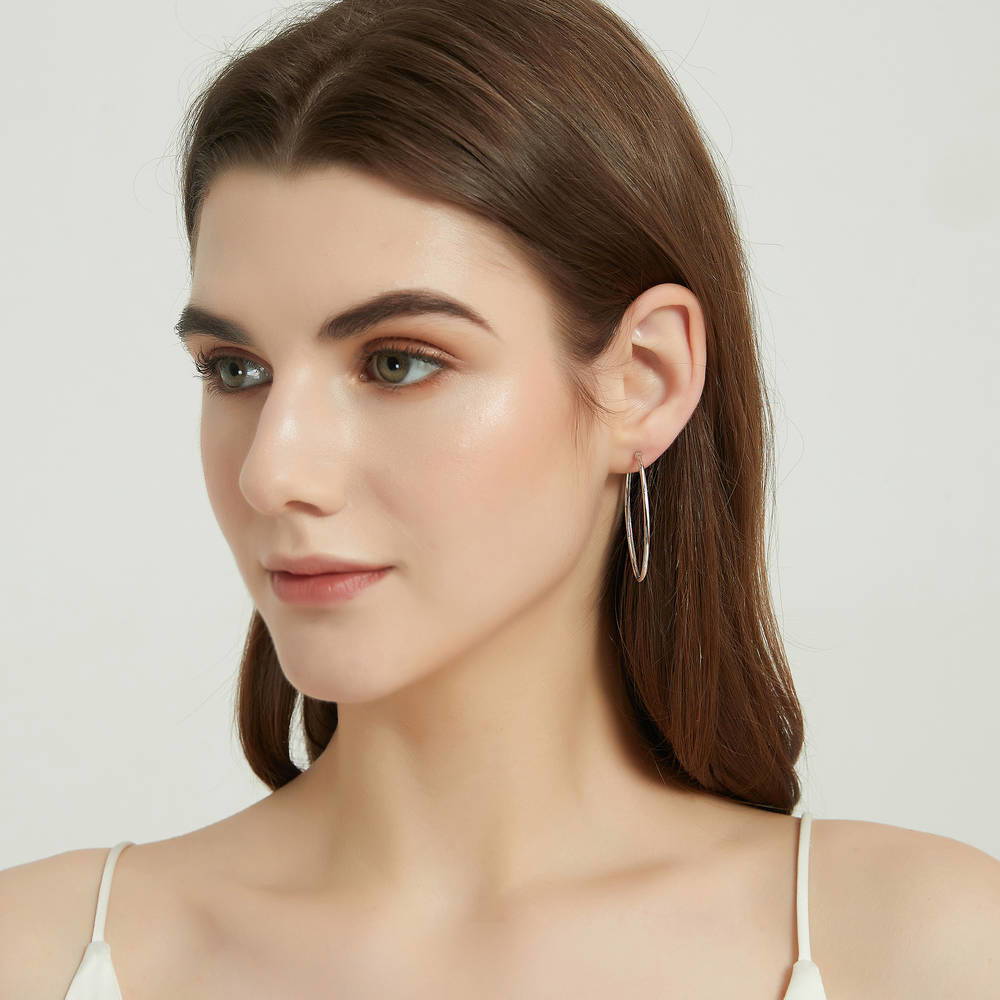 Oval Dome Large Hoop Earrings in Sterling Silver 1.65"
