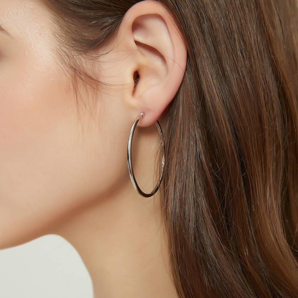 Oval Dome Large Hoop Earrings in Sterling Silver 1.65"