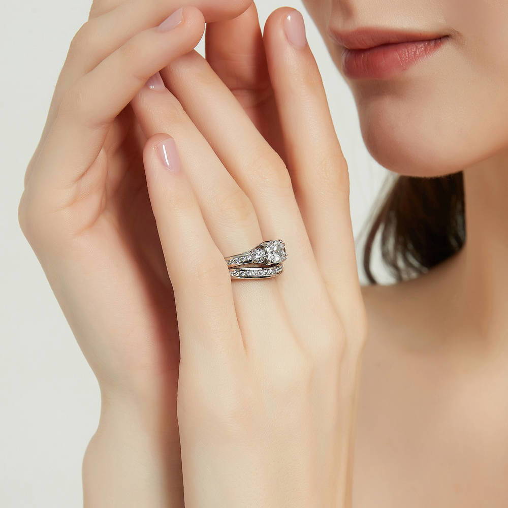 3-Stone Cushion CZ Ring Set in Sterling Silver