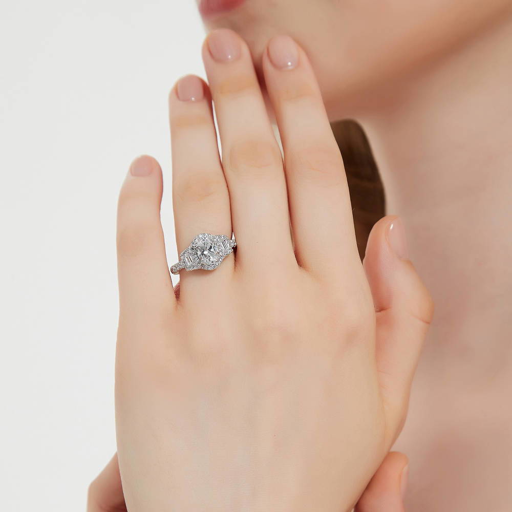 3-Stone Halo Art Deco 1.2ct Oval CZ Ring in Sterling Silver