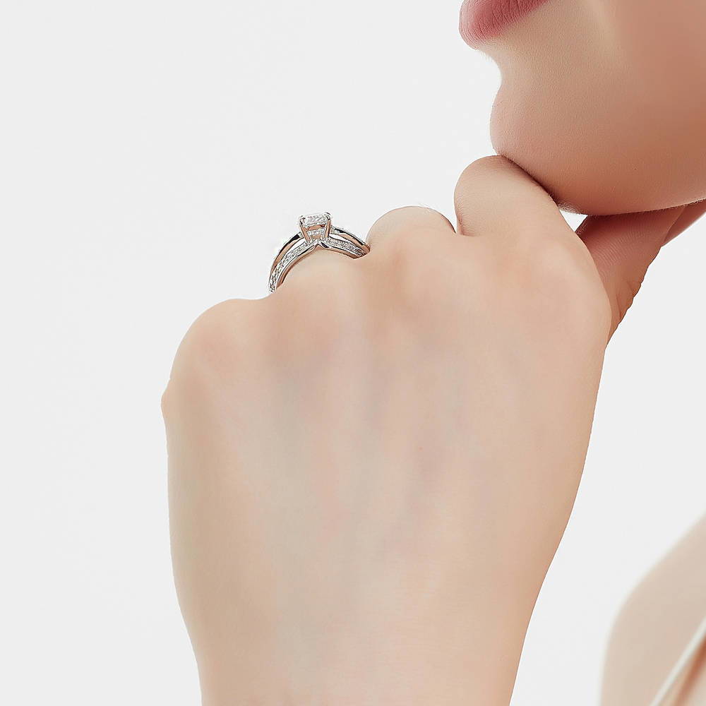 Model wearing Solitaire 1.8ct Oval CZ Ring in Sterling Silver, 7 of 8