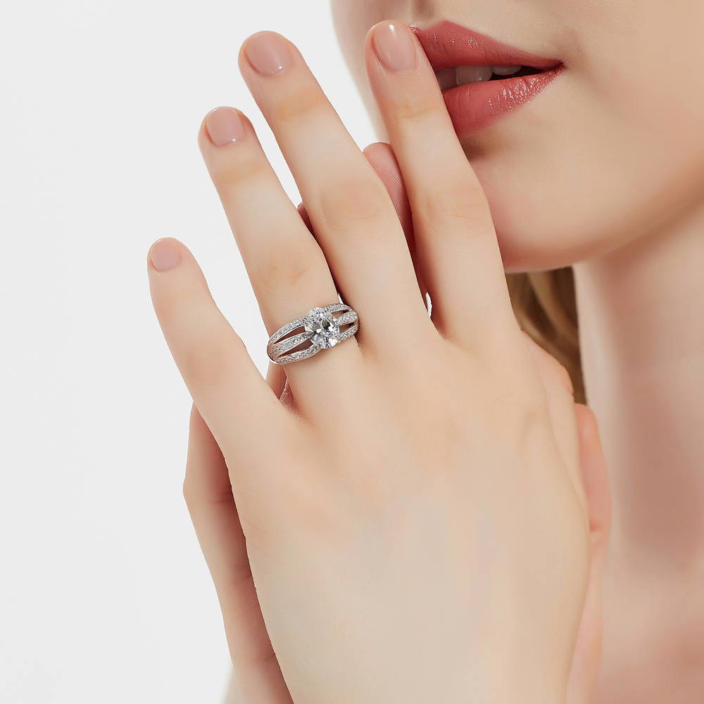 Model wearing Solitaire 1.8ct Oval CZ Ring in Sterling Silver, 3 of 8