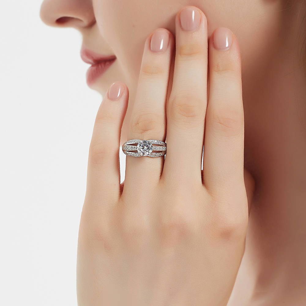 Model wearing Solitaire 1.25ct Round CZ Ring in Sterling Silver, 2 of 8