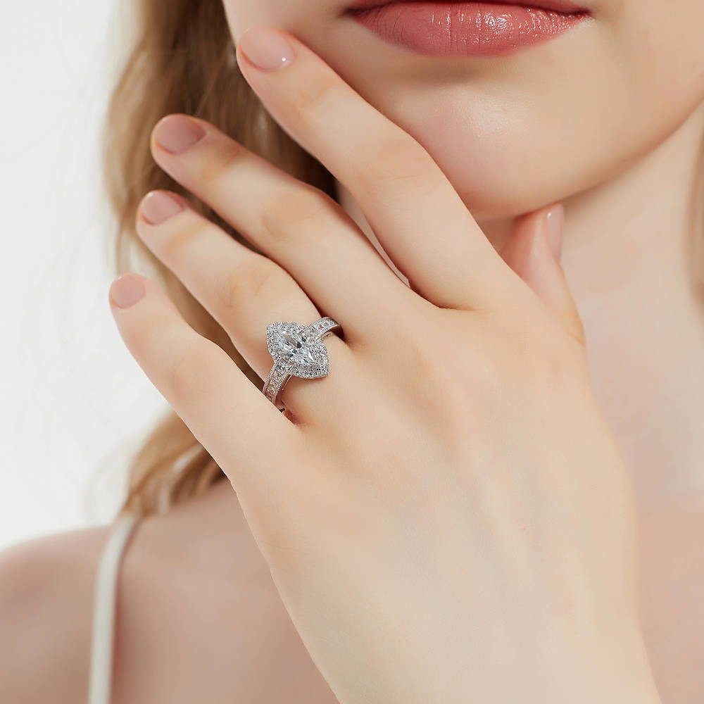 Halo Milgrain Marquise CZ Ring in Sterling Silver