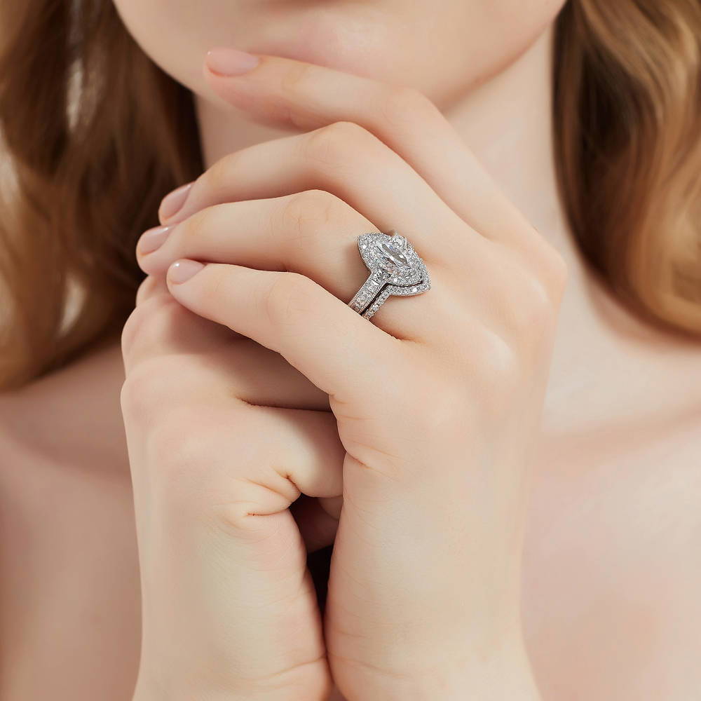 Halo Milgrain Marquise CZ Ring in Sterling Silver