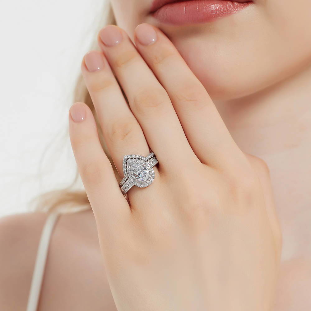 Halo Milgrain Pear CZ Ring in Sterling Silver