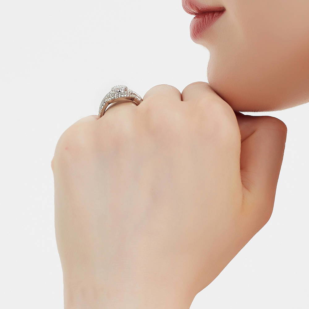 Halo Milgrain Pear CZ Ring Set in Sterling Silver