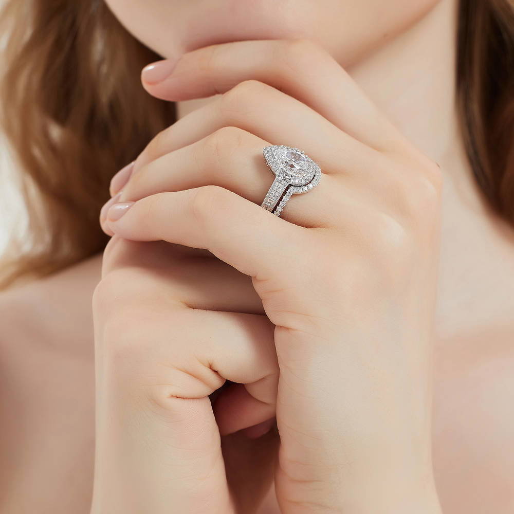 Halo Milgrain Pear CZ Ring Set in Sterling Silver