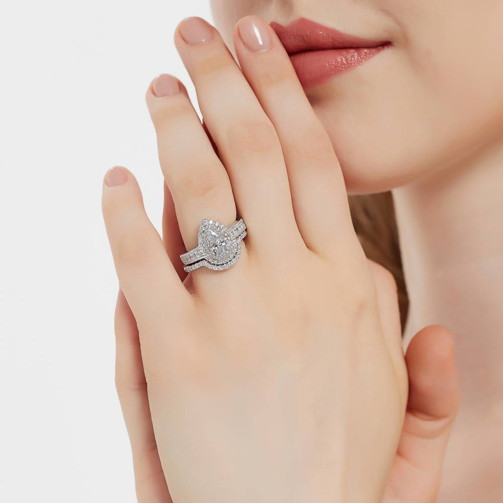 Halo Milgrain Pear CZ Ring Set in Sterling Silver