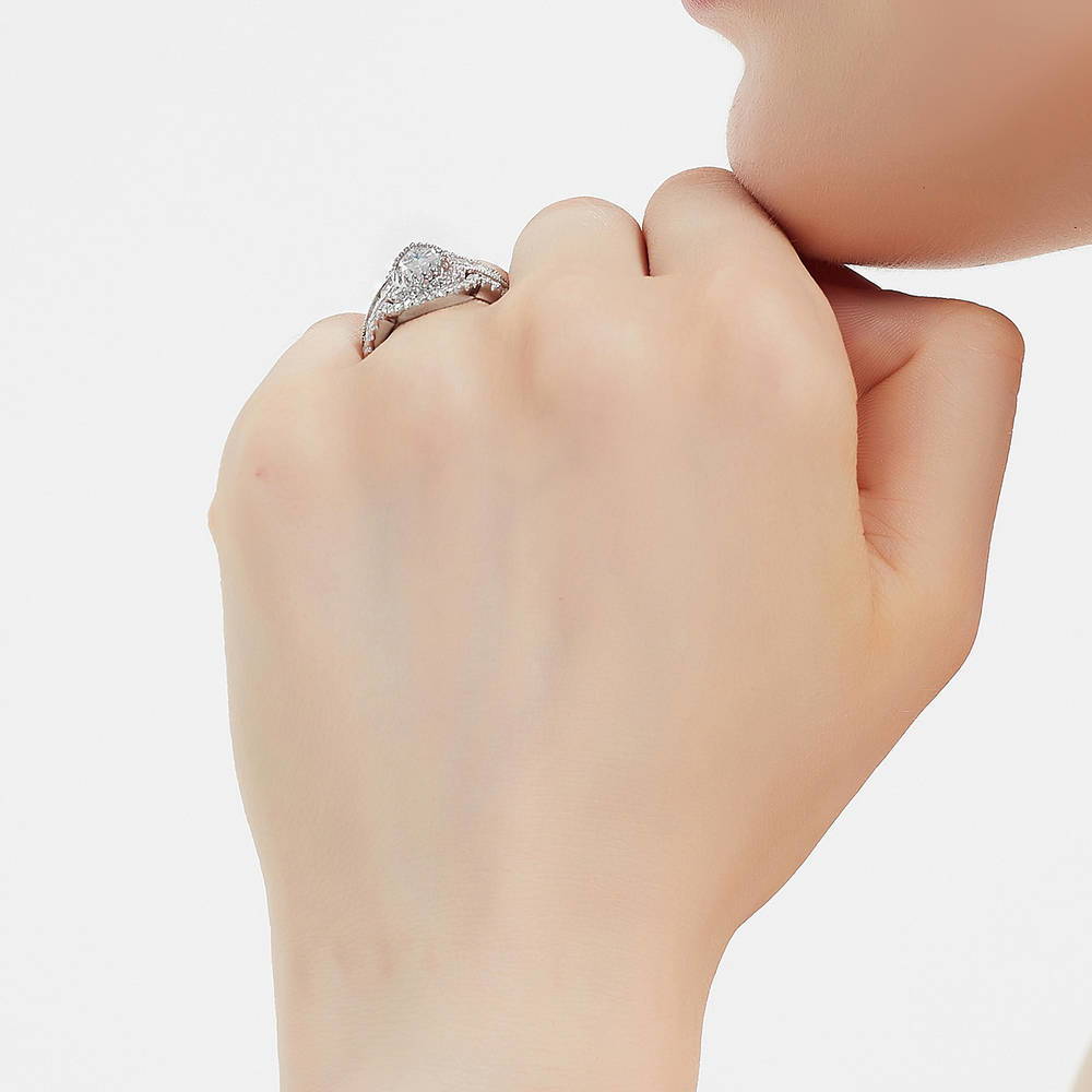 Halo Milgrain Pear CZ Ring Set in Sterling Silver