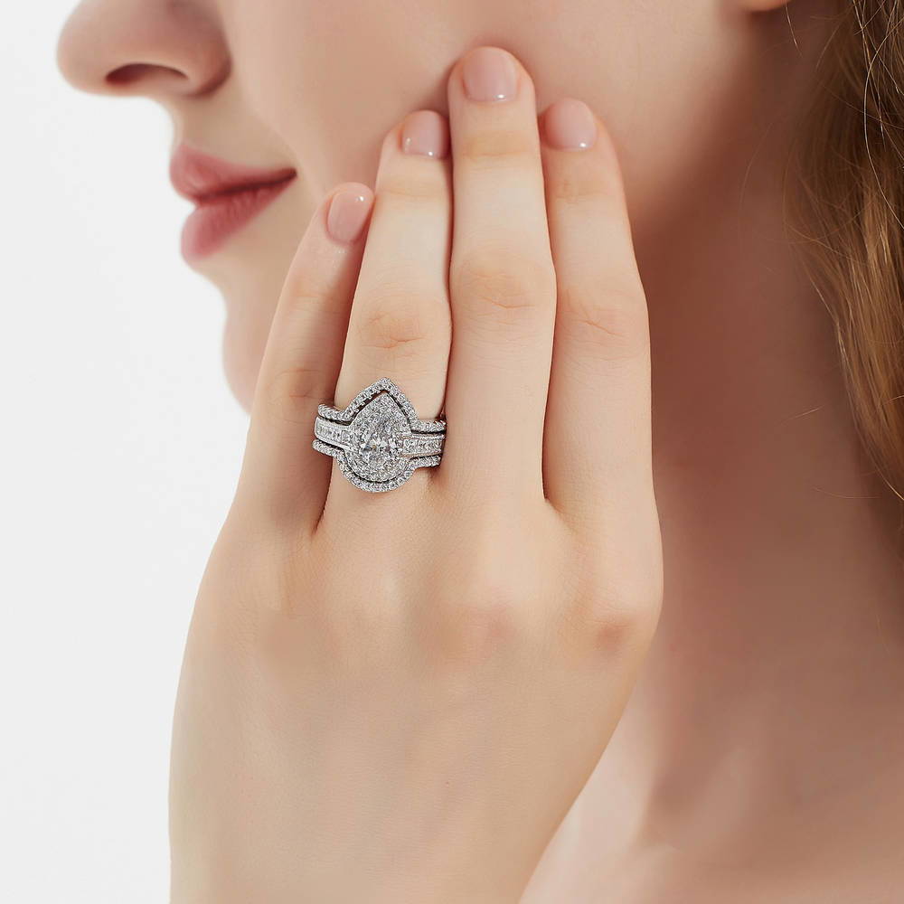 Halo Milgrain Pear CZ Ring Set in Sterling Silver