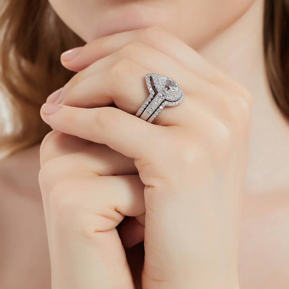 Halo Milgrain Pear CZ Ring Set in Sterling Silver